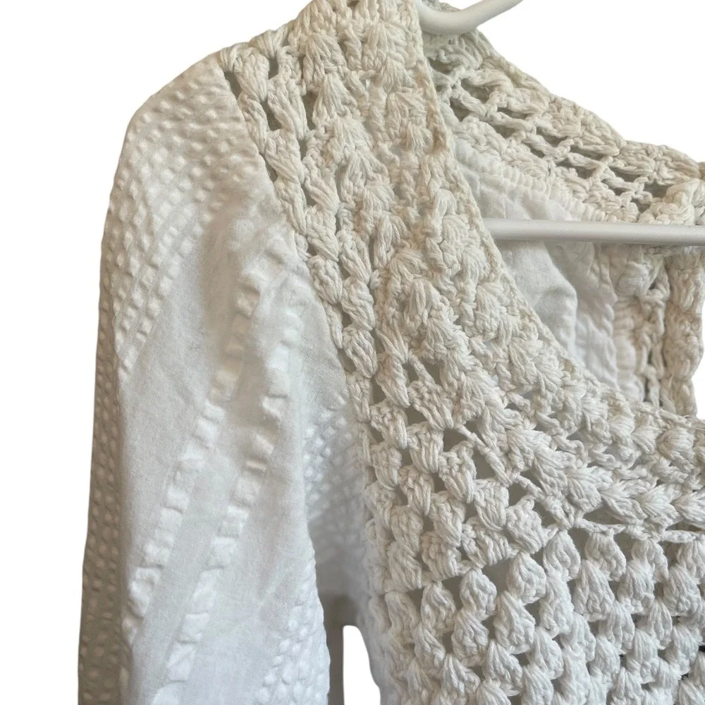 Free People Meghan Crochet Long Sleeve Boho Crop Top XS Cream‎ Ivory Festival